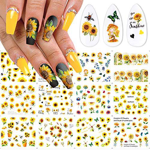 Sunflower Nail Water Stickers Decals Foil Tattoo Nail Art Supplies Vibrant Sliders Yellow Blossoms Daisy Flowers Leaf Tree Summer Charms Design for Manicure Nail Art Watermark Decorations 12 PCS