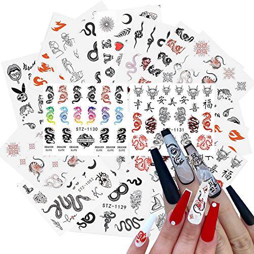 18 Sheets Dragon Nail Art Stickers Decals,Pattern self-Adhesive Nail Stickers with Patterns Like Snake,Flame, ,for DIY Acrylic Nail Art