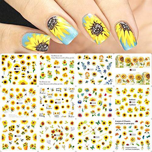 Sunflower Nail Art Stickers, 12 Sheets Flower Nail Decals Water Transfer Daisy Nail Stickers Summer Floral Yellow Flower Nail Design Nail Art Accessories for Women Girls