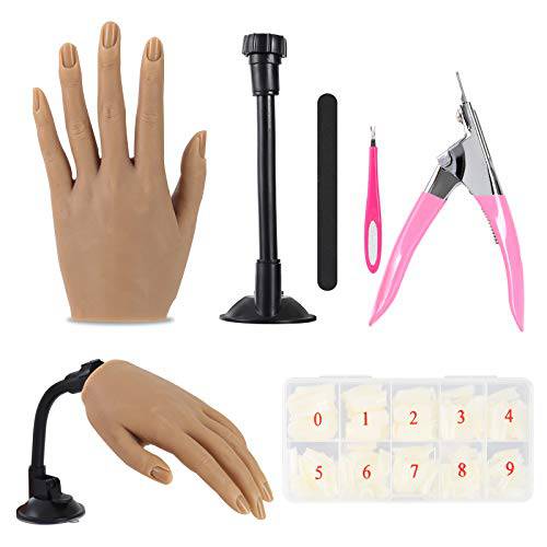 HSJL Silicone Hand for Acrylic Nails - Practice Hand for Acrylic Nails, Flexible Bendable Fake Silicone Nail Mannequin Hand Nail Tools Kit With 500Pcs Nail Tips, Best Nail Hand for Acrylic Nails（Left）