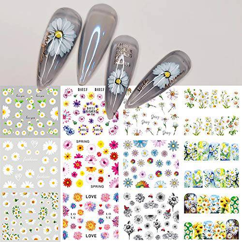 Daisy Flower Nail Water Stickers Decals Sunflowers Nail Art Supplies Foil Tattoo Full Cover Wrap Spring White Colorful Blossom Slider Summer Charms Design for Manicure Nail Art Watermark Decorations