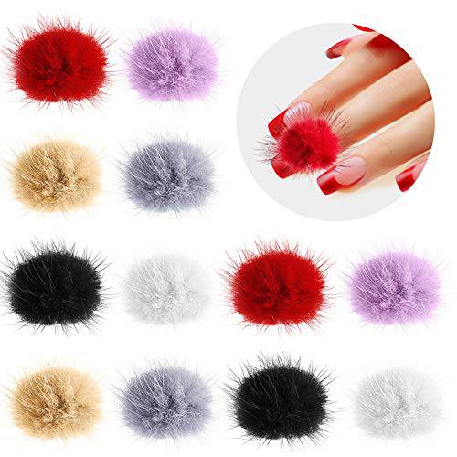 12 Pieces Nail Pom Fluffy Plush Ball Detachable Nail Art Fur Nail Ball with Base for Nails Design Manicure Tips Decoration (Pink, White, Black, Gray, Red, Yellow)