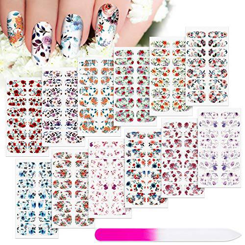 168 Pieces 12 Sheets Full Wraps Nail Polish Stickers Flower Print Self-Adhesive Nail Art Decal Strips Manicure Kits Colorful Flower Full Cover Nail Decal Strips with Nail File (Bright Style)