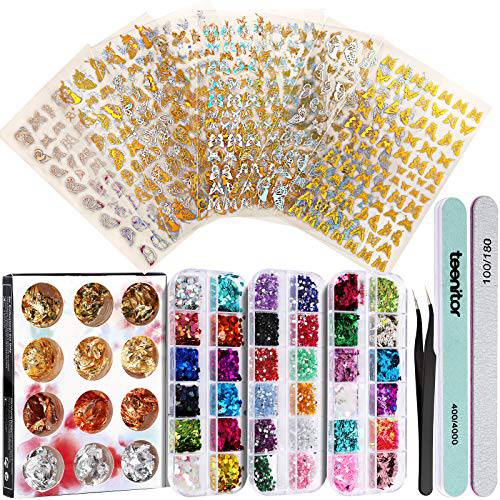 Butterfly Sticker, 8 Sheets Butterfly Nail Art Stickers for Acrylic Nails, Teenitor Nail Art Decorations with 3D Nail Sticker Decals Nail Glitter Sequins Butterfly Heart Nail Rhinestones Nail Art Foil Flakes