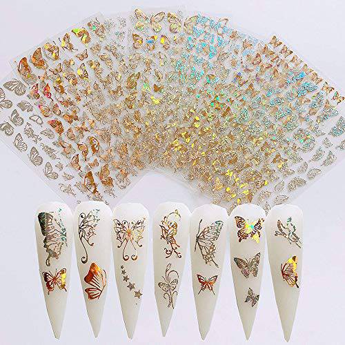 Butterfly Nail Art Adhesive Stickers Nail Art Supplies 8Sheets Gold and Silver Butterfly Nail Decals Laser Butterfly Design Nail Art Decorations 3D Luxury Butterflies Sticker for Acrylic Nails Decor
