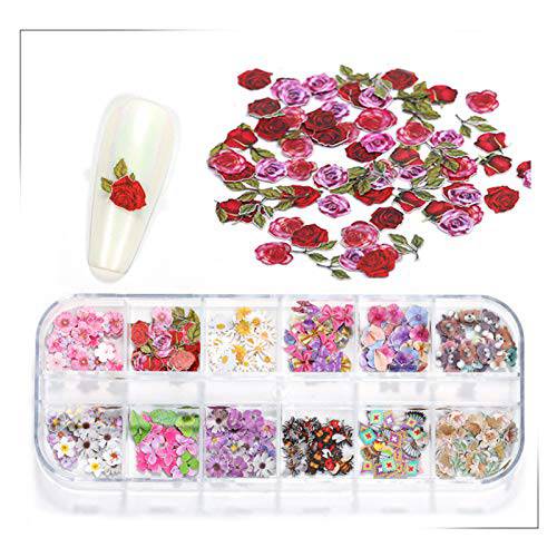 MiaoWu 12 Designs 3D Flower Nail Sequins(not Stickers) Holographic Simulation Flower Nail Art Flowers Designs Ultra Wood Pulp Flakes Sequins for Acrylic Nails DIY Design Manicure Tips Nail Art