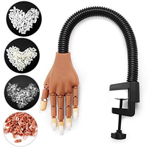 Practice Hand for Acrylic Nails with 400pcs Nail Tips, Nails Will Not Fall Off Easily, Flexible Nail Practice Hands Fake Hands to Practice Fake Nails, Brown