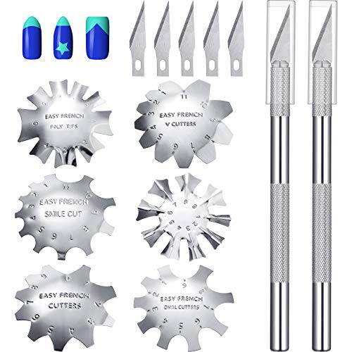 6 Pieces French Nail Trimmer Stainless Steel French Tip Cutters Smile Line Cutter Edge Manicure DIY Plate Module with 2 Handles French Tip Cutting Knife and 5 Spare Blades for Acrylic Nails (Silver)