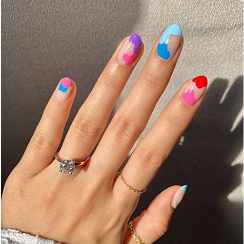 Uranian Oval Press on Nails Medium Colorful Summer Fake Nails Glossy False Nails Watercolor Rainbow Full Cover Acrylic Nails French Nails Tips for Women and Girl (Style3)