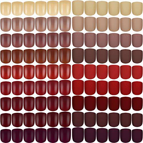 432 Pieces 18 Sets Short Square Press on Nails Matte False Nails Tips Glossy Full Cover Fake Nails Solid Color Square Artificial Fake Nail for Nail Salon Art, 2 Styles (Vintage Color)