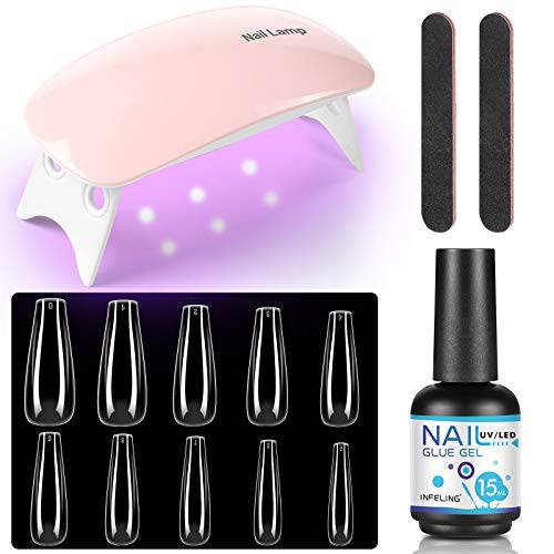 Nail Tips x Gel Glue Kit - INFELING 15ml Gel Nail Extension Kit with 4 in 1 Gel Nail Glue 500Pcs Clear Coffin Nails Tips Portable Nail Lamp for Acrylic Nail/Dip Powder Nails/Poly Nail Tips and Glue Gel Kit