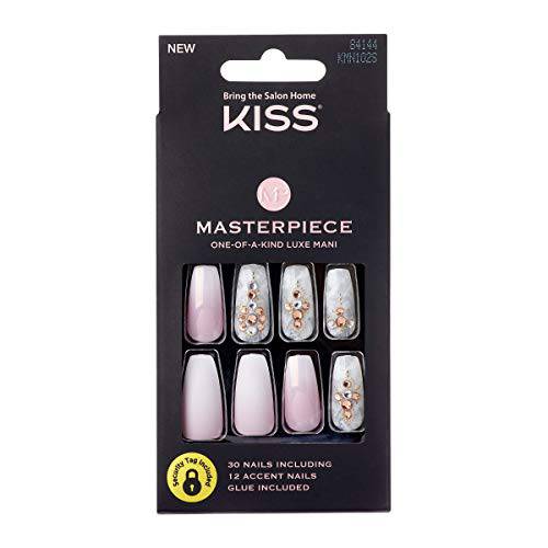 KISS Masterpiece One-Of-A-Kind Luxe Mani, Long Length, Premium Acrylic Fake Nails, Style “Roses And Gold”, with Gel Nail Glue, Manicure Stick, Mini File, & 30 False Nails Including 12 Accent Nails
