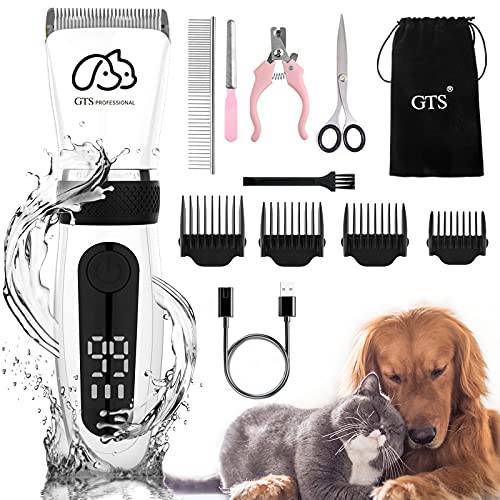 GTS Pet Clippers Professional kit Grooming Dog Adjustable Clipper Low Noise Family Cordless Pet, Hair Trimmers for Dogs and Cats, Washable（IPX5, with LED Display.