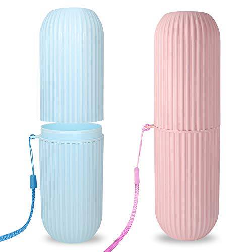 2 PCS Travel Toothbrush Case Portable Toothbrush Holder, Portable Business Trips Wash Cup Holder Organizer for Trips and Daily Use (Pink and Blue)