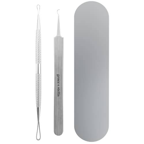 Grace & Stella Blackhead Remover Tool Kit - Stainless Steel Blackhead Remover - Pimple Popper Tool Kit with 1 Curved Needle-Tip Tweezer & 1 Looped Double-Ended Extractor