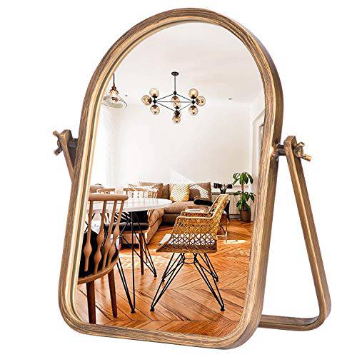 Geloo Vintage Vanity Table Mirror-Desk Makeup Mirror Golden Metal Framed Small Stand Mirrors 360 Adjustable Rotation for Tabletop,Office,Bedroom,Bathroom,Living Room,Antique 11.8’’ x 7.8’’