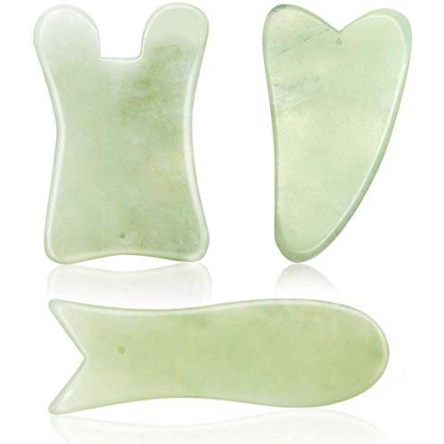SAYOPIN Gua Sha Jade Cold Stone for Face - Guasha Board Scraping Massage Therapy Tool Set for Facial and Body - Jawline Sculptor| Lymphatic Drainage | Acupuncture - 3Pcs Professional Kit