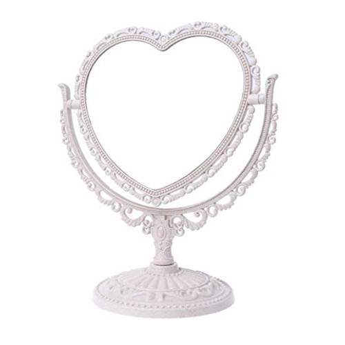AKOAK 1 Pack Simple and Lovely Heart-Shaped Cosmetic Mirror Plastic Double-Sided Rotatable Dresser Mirror Lightweight Mirror Bathroom Bedroom Mirror （Four-Color） (Beige)