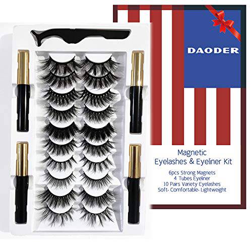 DAODER Magnetic Eyelashes Natural Look with 4 Tubes Eyeliner Kit 6 Magnets Dramatic False Eyelashes Wispy Long Eye Lashes Pack 10 Variety Pairs