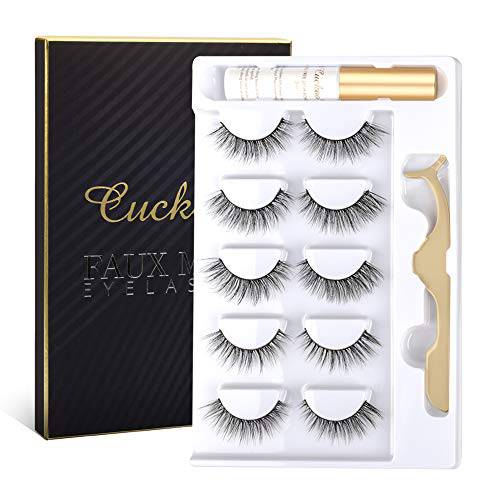 Cuckoo Eyelashes Lashes Pack,5 Pairs 3D Faux Mink Eyelashes with Eyelash Glue Kit,Natural False Eyelashes for Women,Reusable Makeup Soft Natural Look Fake Eyelashes