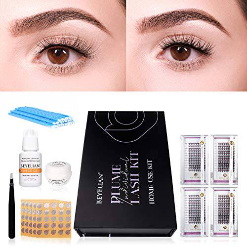 DIY Eyelash Extension Kit,Individual Cluster Lashes Extension Kit with Cluster Glue Lash Tweezers Easy to Apply Cluster Eyelashes Supplies for Beginners at Home Use by BEYELIAN