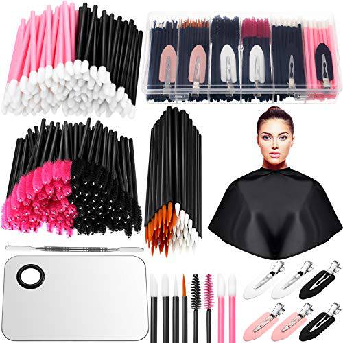 260 Pieces Disposable Makeup Tools Kit, Includes Eyeliner Brushes Mascara Wands Lipstick Applicators Plastic Storge Box Short Waterproof Cape Stainless Steel Makeup Palette and Spatula (Mixed Color)