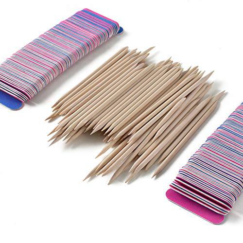 VIOCIWUO 200 Pieces Mini Nail File Bulk(180/240 Grit) and 100 Pcs Wooden Cuticle Sticks, Disposable Nail Files Double Sided Emery Boards for Home or Professional Manicure Tools(Blue and Pink)