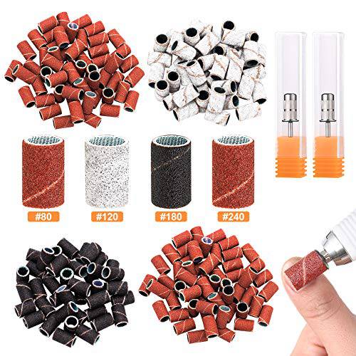 PAGOW 200Pcs Nail Sanding Bands, Electric Art Sanding Bands with Nail Drill Bits Set, Professional 80 120 180 240 Grit Nail Manicure Polisher with 2 Pieces 3/32 Inch Nail Drill Bits