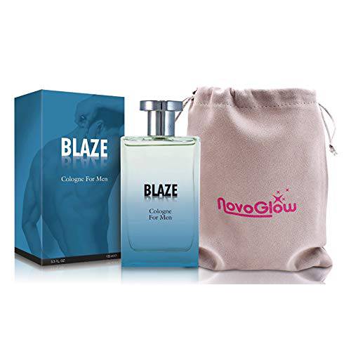 NovoGlow Blaze Eau de Parfum Cologne for Men With Luxurious Suede Pouch - Marine Breeze, Sandalwood And Sensual Musk Wood Notes– 100ml – 3.4 oz – Great Gift For Men