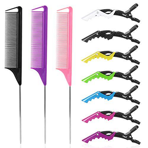 Rat Tail Combs and Hair Clips: 3Pcs Rat Tail Combs，Parting Comb for Braids, Metal Long Steel Pin Rat Tail Teasing Combs and 7Pcs Alligator Styling Sectioning Clips of Professional Hair Salon Quality