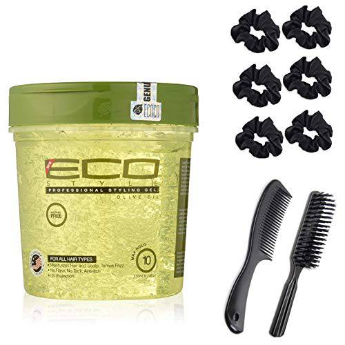 Eco Style Styling Gel, Olive Oil Gel 32 Ounce (Including Handle Nylon Bristle Hair Brush, Bone Tail Rat Tail Hair Comb & 24 Piece Black Hair Ties Ponytail Holders) Eco Styler Olive Oil Gel