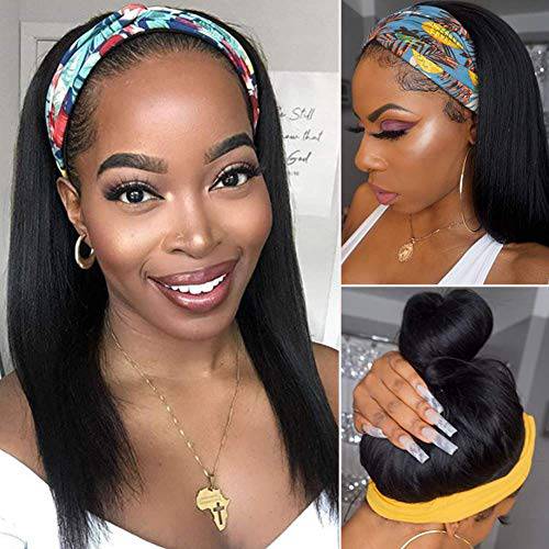 Short Bob Headband Wig Human Hair for Black Women Brazilian Virgin Human Hair Wig for Women Easy to Wear Half Wig with Free Headband Natural color (8 inch)