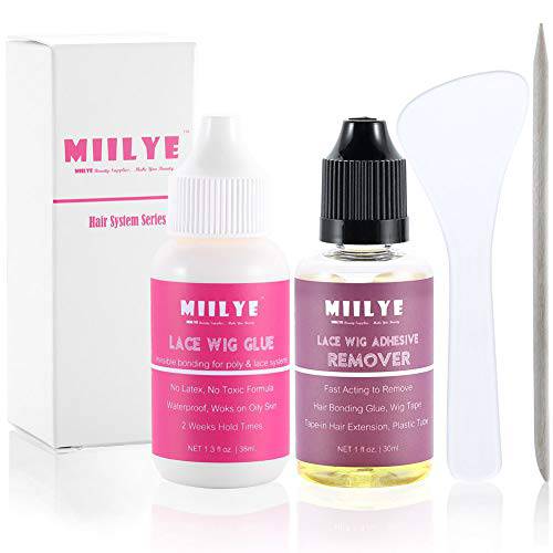 Wig Adhesive and Glue Remover Set, Invisible Waterproof MIILYE Hair Replacement Bonding Glue + Solvent, Light Hold for Lace Front Wig and Poly Hairpieces, Toupee, Cosmetic Hair Systems