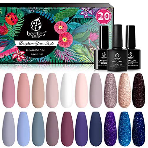Beetles 20Pcs Gel Nail Polish Kit, with Glossy & Matte Top Coat and Base Coat- Girls Night Collection White Nude Gray Glitters Gel Polish Soak Off Gel Nail Kits Christmas Nails Gifts for Women Girls