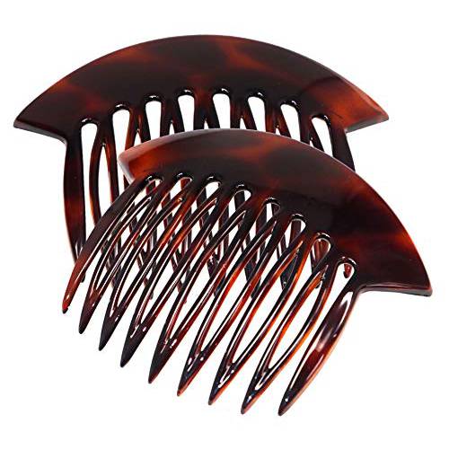 Parcelona French Wide Edge Tortoise Shell Brown Large 4” Celluloid Set of 2 Strong Grip Side Hair Combs for Women and Girls