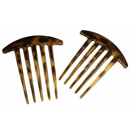 Parcelona French Medium Interlocking 5 Teeth Celluloid Light Shell Set of 2 French Hair Side Combs Flexible Durable Strong Hold Hair Clips Women No Slip Styling Girls Hair Accessories, Made in France