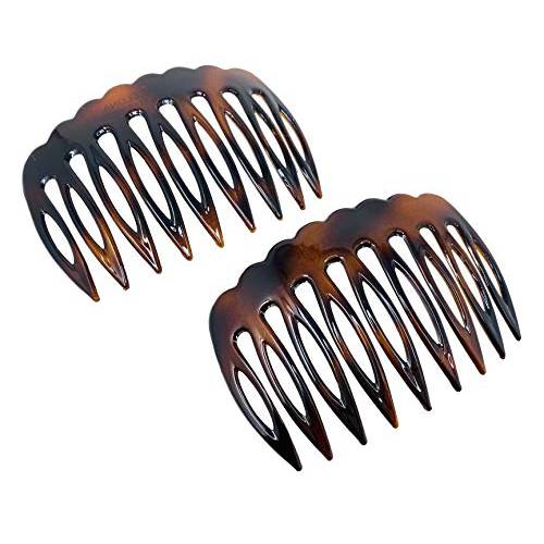 Parcelona French Scallop Edge Tortoise Shell Brown Small 2 3/4” Celluloid 9 Teeth Set of 2 Good Grip Hair Side Combs for Women and Girls