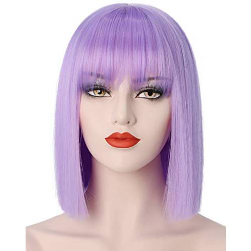 Juziviee Short Purple Wigs for Women 12’’ Lavender Purple Bob Hair Wig with Bangs Cute Fashion Soft Wigs for Daily Party Halloween AD016PR