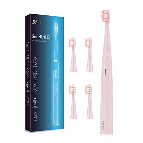 DMH Electric Toothbrush, Sonic Electric Toothbrush Powerful Cleaning, Rechargeable Travel Toothbrush with 4 Brush Heads, 3 Modes, 4 Hour Fast Charge for 60 Days Use, Pink