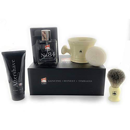 G.B.S Men’s Shaving Set - No.84 Cologne, Ivory Handle Badger Bristle Shaving Brush, Ivory Shave Mug with Aftershave Natural Shaving Soap, Produce the Wet Shave