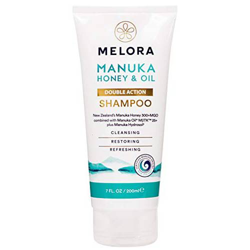 Melora Manuka Honey and Oil Double Action Shampoo For Men and Women, Cleansing and Hydrating, Organic, Premium Manuka Oil, Prevents Dandruff, Softens Hair, Nourishing Formula, 7 oz
