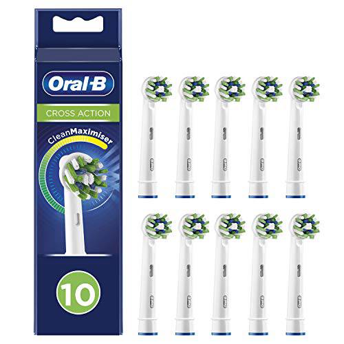 Oral-B Cross Action Electric Toothbrush Head with CleanMaximiser Technology, Angled Bristles for Deeper Plaque Removal, Pack of 10, Suitable for Mailbox, White