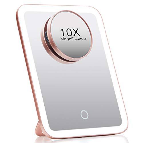 Fancii Portable LED Makeup Mirror with 3 Adjustable Light Settings, 1x Large Mirror & Detachable 10x Magnifying Mirror - Cordless Mirror for Travel, 360° Kickstand - Aura Go (Rose Gold)