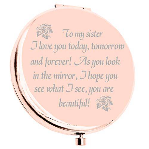 NKIPORU Sister Gifts from Sister As You Look In the Mirror I Hope You See What I See Personalized Pink Compact Makeup Mirror for Sister Graduation Present for Her, Sisters Birthday Gift Ideas