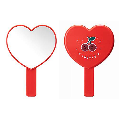 Heart-Shaped Makeup Hand Mirror, Cherry Travel Handheld Mirror Portable Personal Cosmetic Mirror with Handle