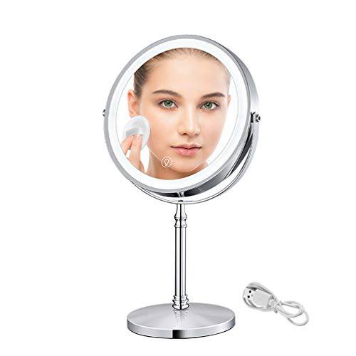 eLimko Makeup Mirror 8 Inch 10X 1X Magnify LED Light Dimmable Double-Sided Mirror 360° Rotation USB Rechargeable Cosmetic Mirror Stainless Steel Bathroom Vanity Mirror 8 (10X)