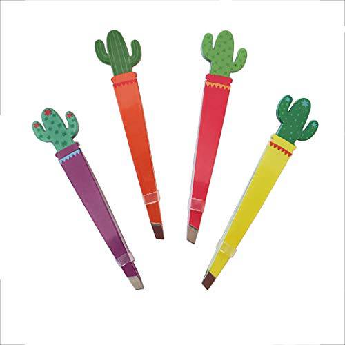 Cute Cactus Tweezer Set (Pack of 4) Slant Tweezers Assorted Set Southwestern Souvenir Gift Tweezer Bundle (Purple, Orange, Pink, Yellow)