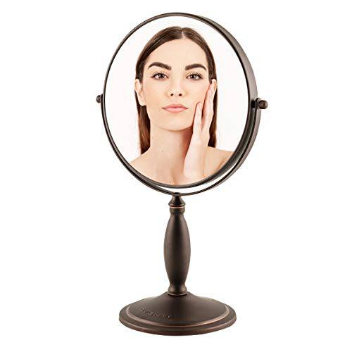 OVENTE 8’’ Tabletop Makeup Mirror, 1X & 7X Magnification, Adjustable Spinning Double Sided Round Magnifier, Modern Décor for Office, Bath, Hotel, Compact for Travel, Antique Bronze MNLAT80ABZ1X7X