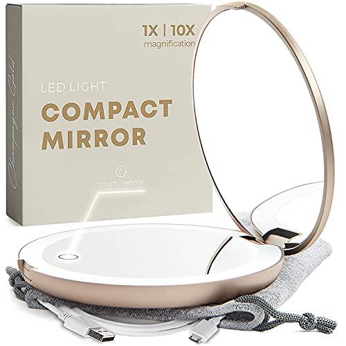 Mavoro LED Lighted Travel Makeup Mirror, Rechargeable, 1x/10x Magnification - Daylight LED, Pocket or Purse Mirror, Small Travel Mirror. Folding Portable Mirror, Touch Sensor, USB (Champagne Gold)