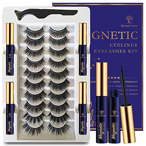 3D Magnetic Eyelashes with Eyeliner Kit - SevenCrown Magnetic Lashes Natural Looking with Upgraded 4 Tubes of Magnetic Liner Waterproof, Long Lasting,10 Pairs Reusable False Eyelashes Easy to Apply.